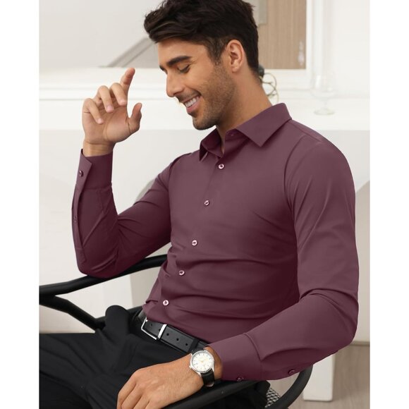Men Pink Long Sleeve Slim Muscle Fit Wrinkle Free Button Down Dress Shirts - Picture 5 of 9